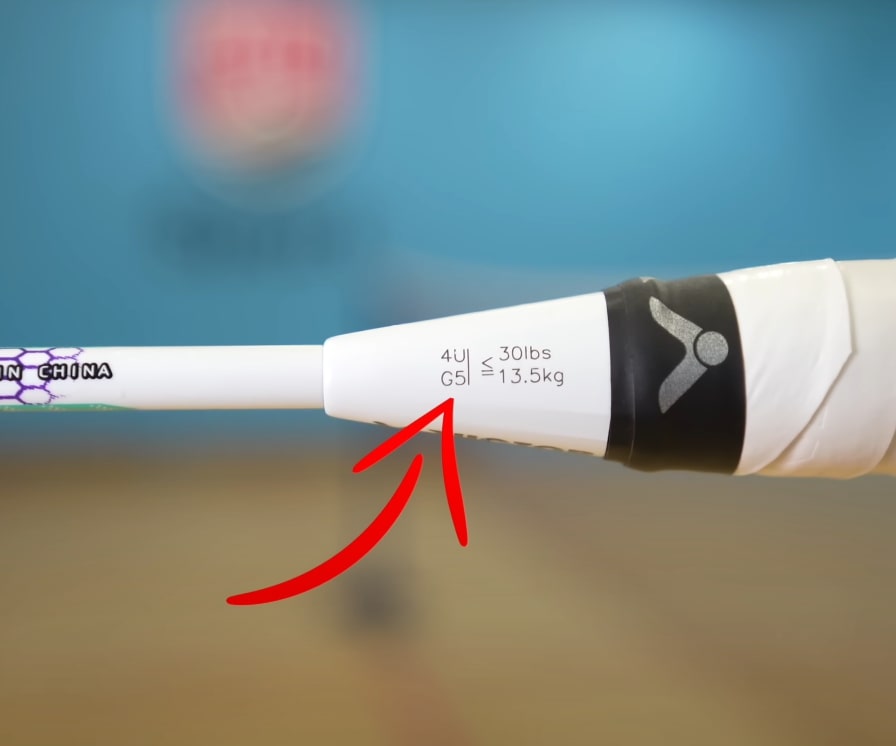 G Badminton Grip Size shown on the cone of a badminton racket